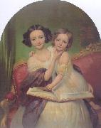 Portrait de Marguerite Louise Cibiel et de Marie Aglaure Cibiel assises sur un sofa, feuilletant un livre, Joseph-Desire Court